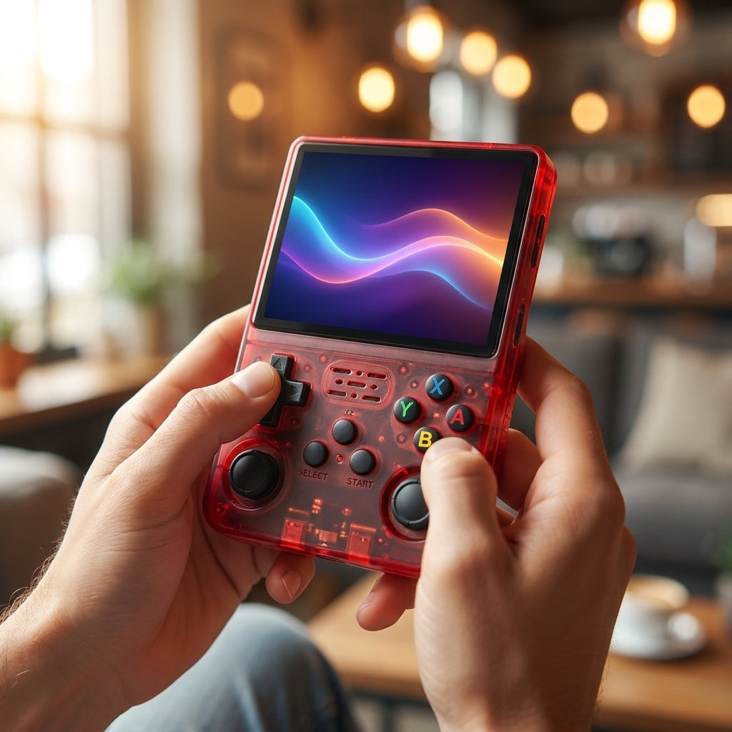 Console R36S rouge tenue en main