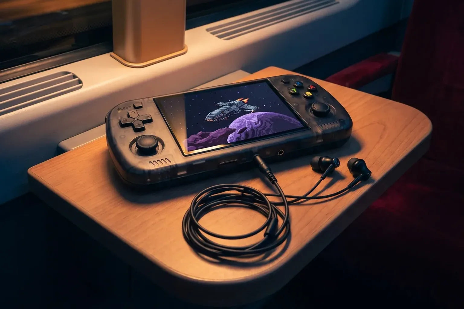 Black R36H Pro Max on a train tray table, wired earphones plugged in