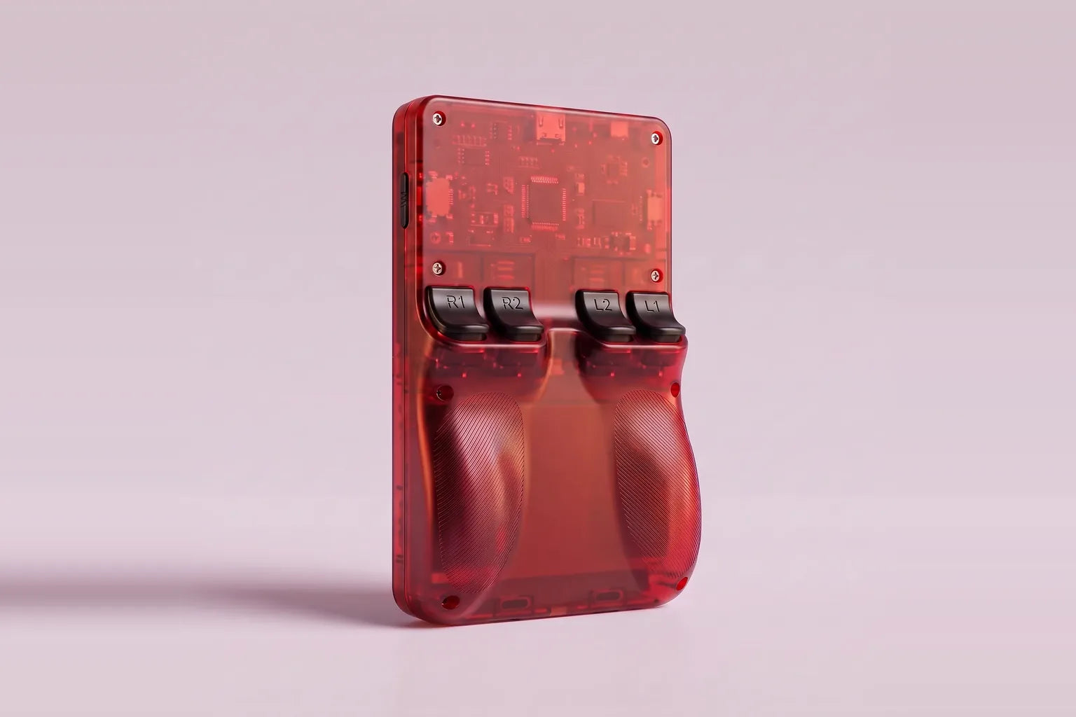 Back of the translucent red R36 Max with its dual grip and four triggers
