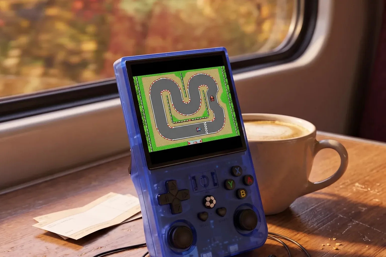 Blue R36 Max on a train tray table