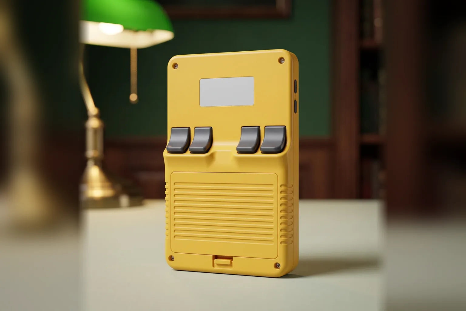 Flat back of the yellow R36S Plus, with its four triggers and ridged battery cover