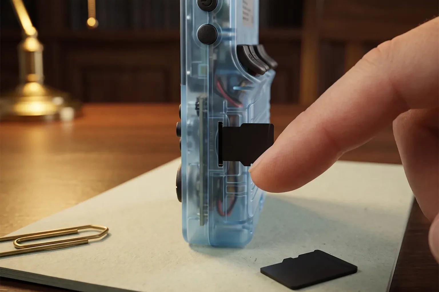 microSD card inserted in the side of a lake blue R36S Plus