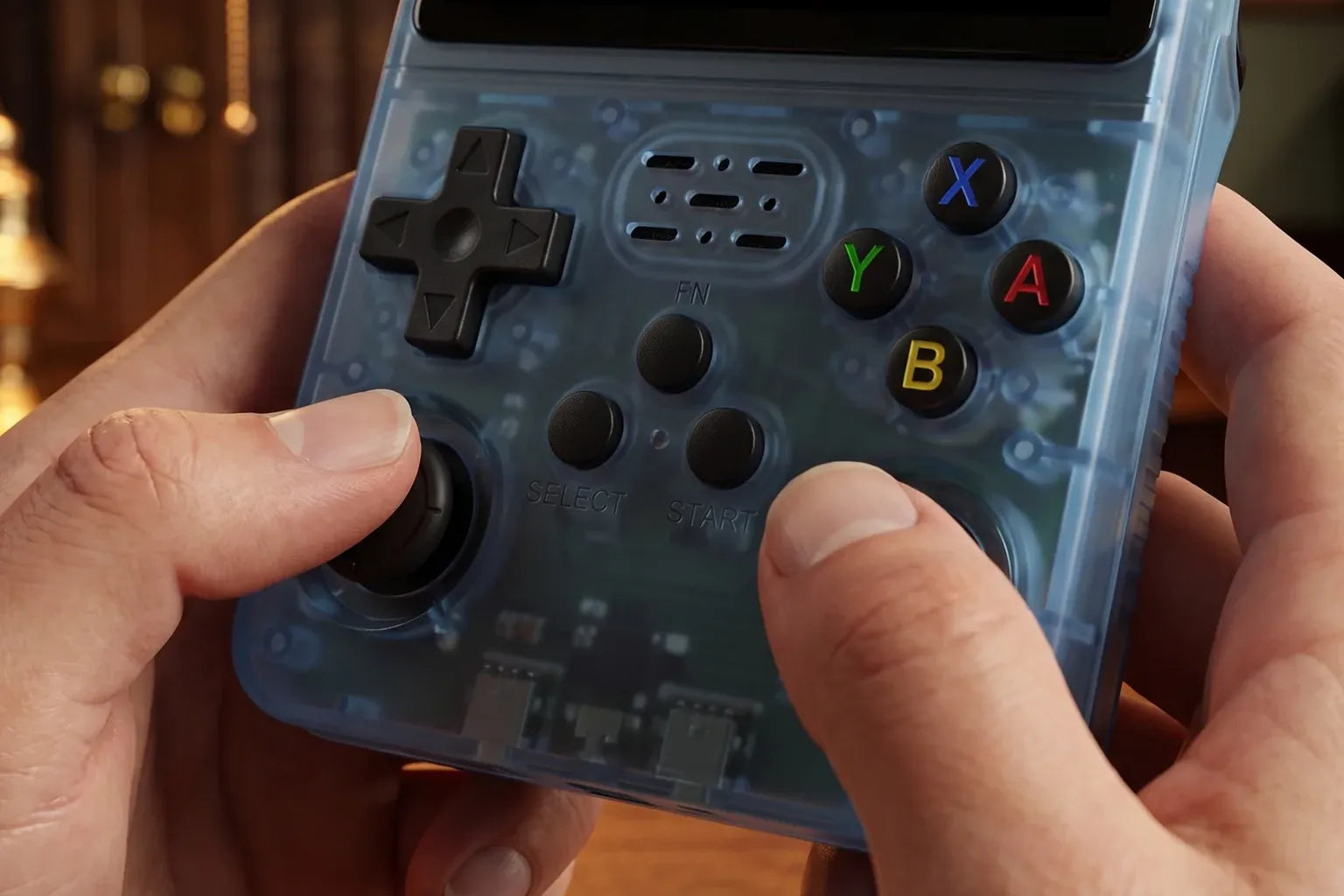 D-pad, ABXY buttons and left stick on the lake blue R36S Plus