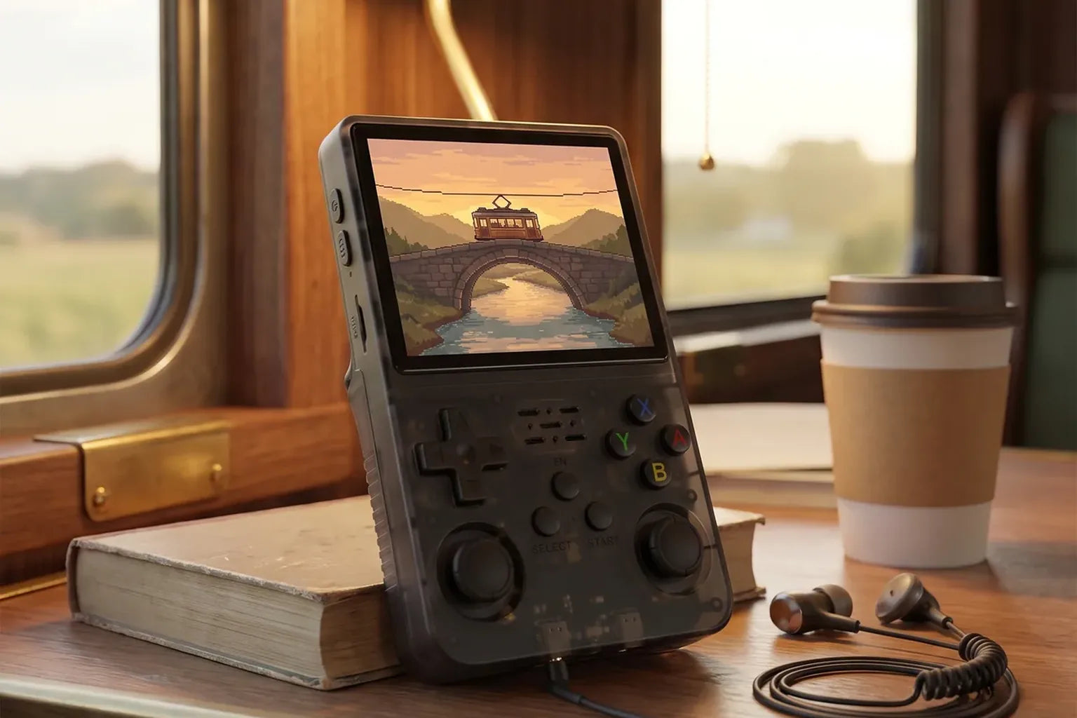 Black R36S Plus standing on a train tray table, wired earphones beside it