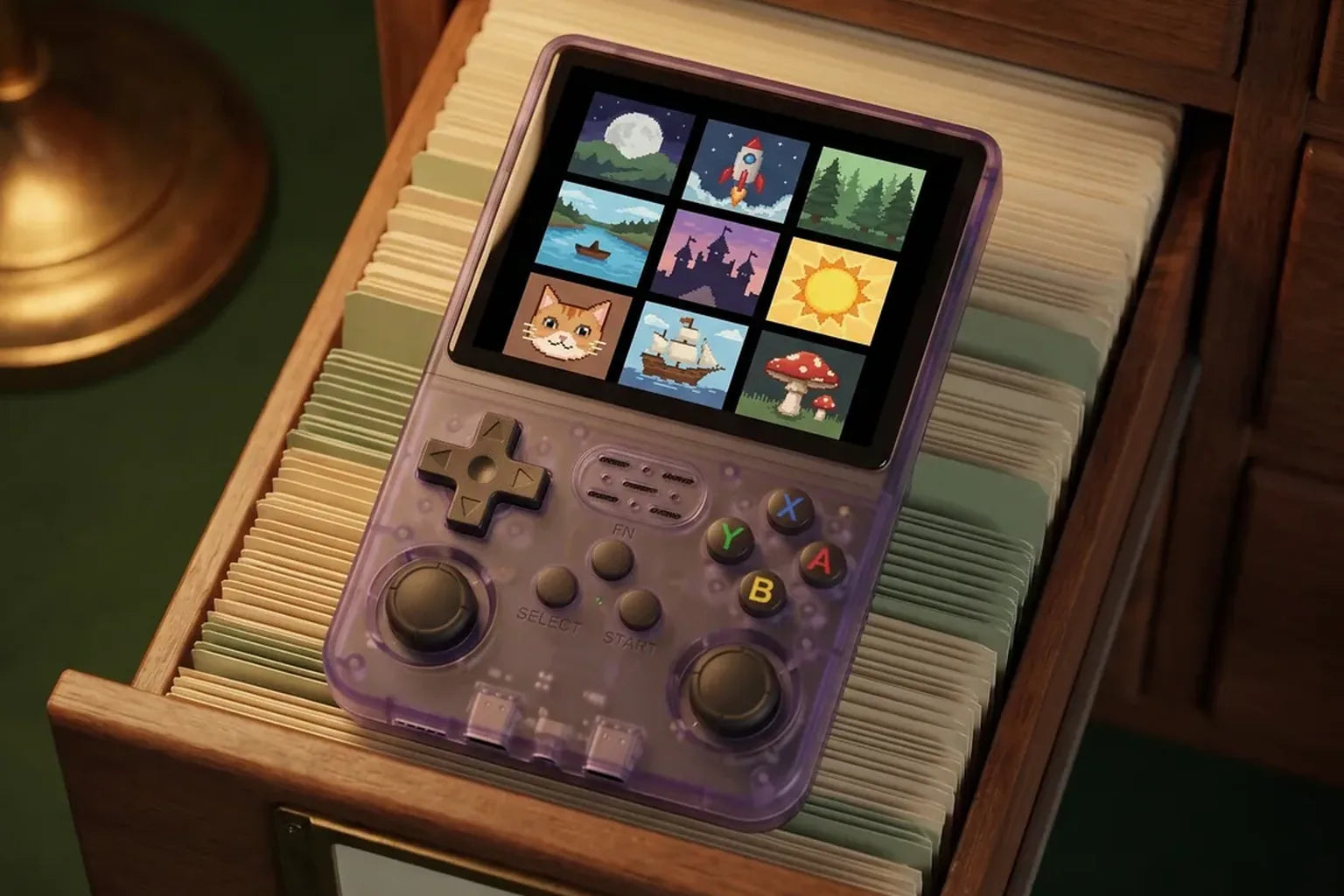 Purple R36S Plus showing a grid of box art, placed in a card-index drawer