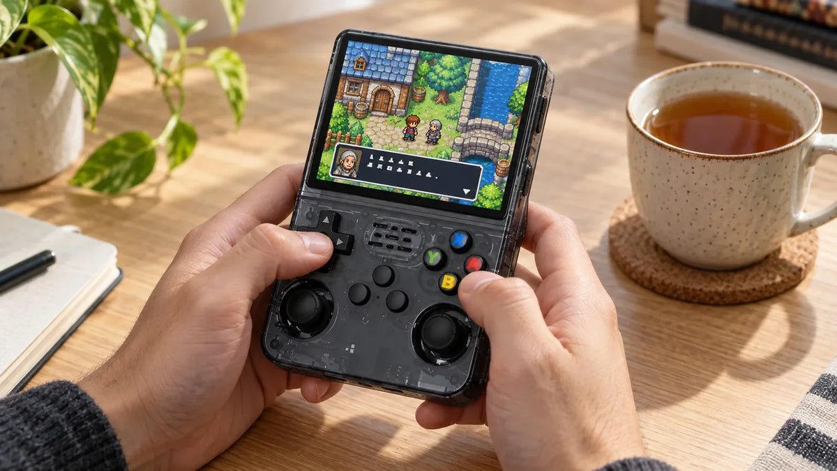 Console R36S tenue en main, jeu de rôle en pixel art à l'écran