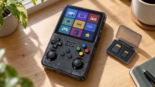 Console R36S posée sur un bureau, menu des consoles à l'écran, cartes microSD à côté