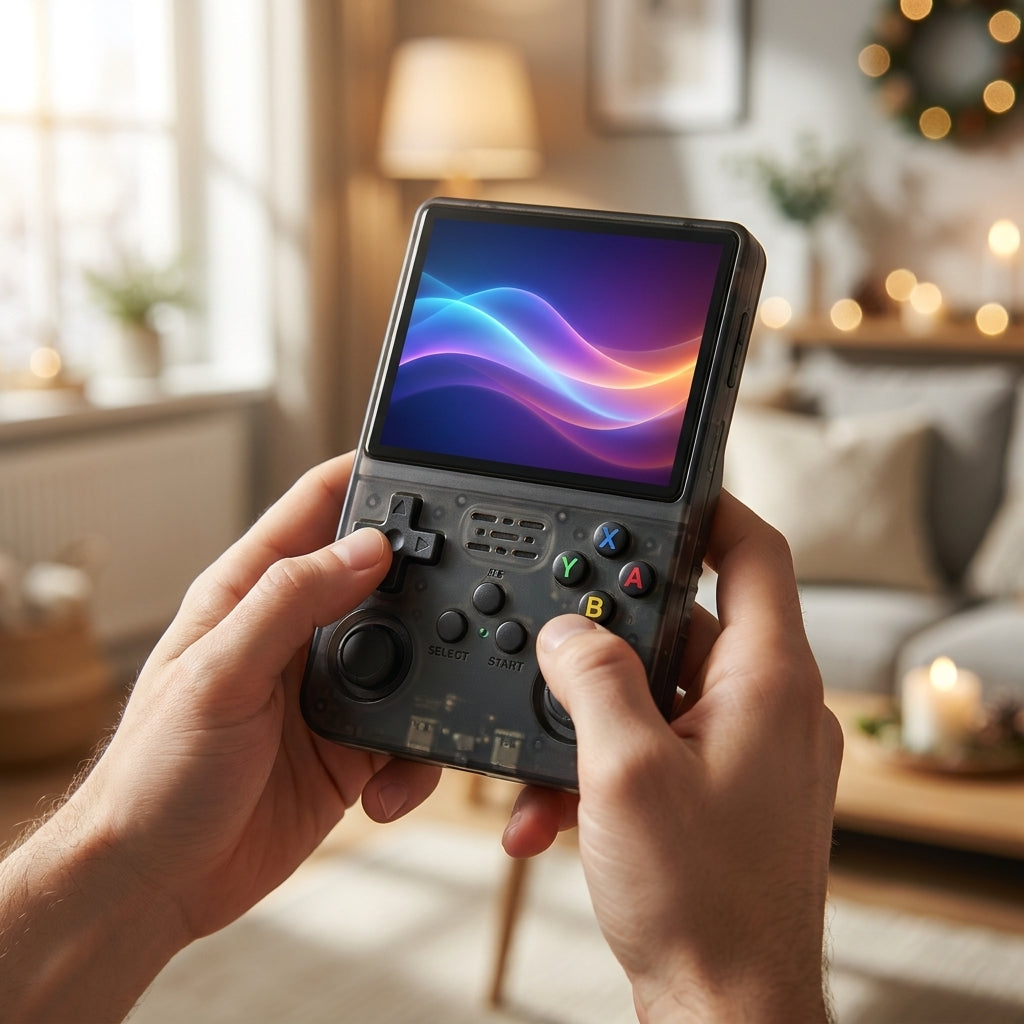 Console R36S noire tenue en main