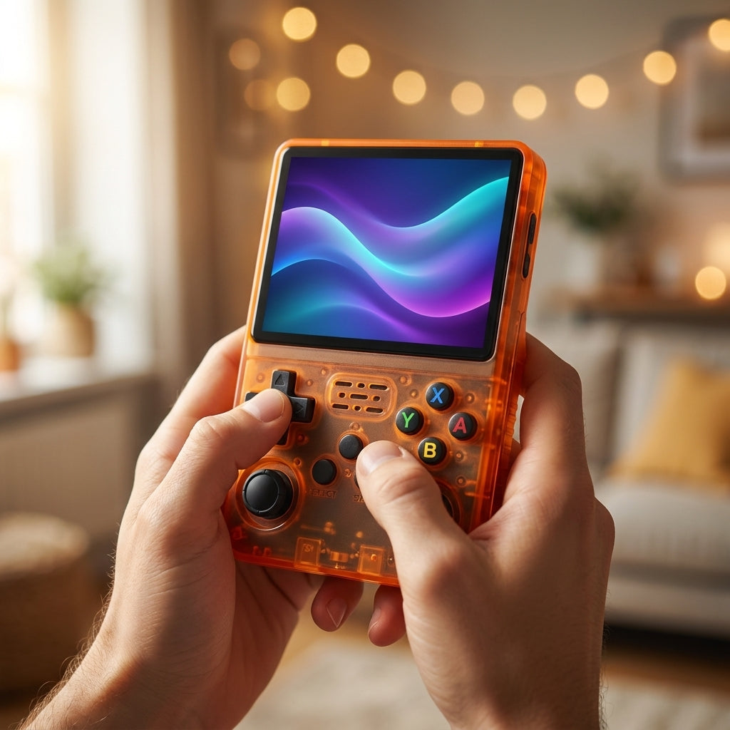 Console R36S orange tenue en main