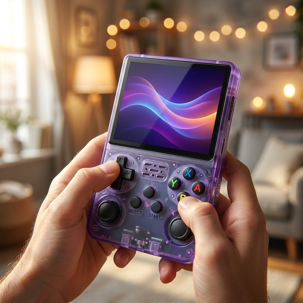 Console R36S violette tenue en main