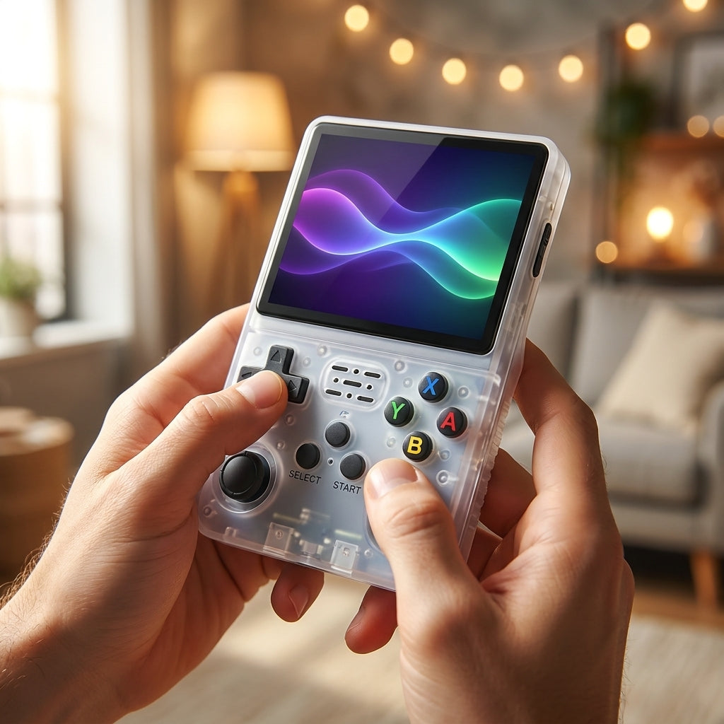 Console R36S blanche tenue en main