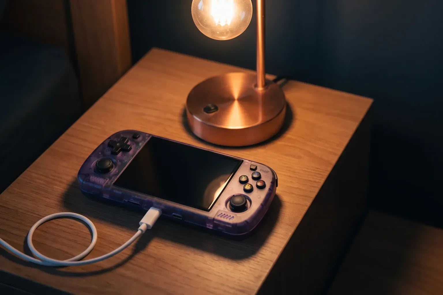 Purple R36H Pro Max charging via USB-C on a bedside table