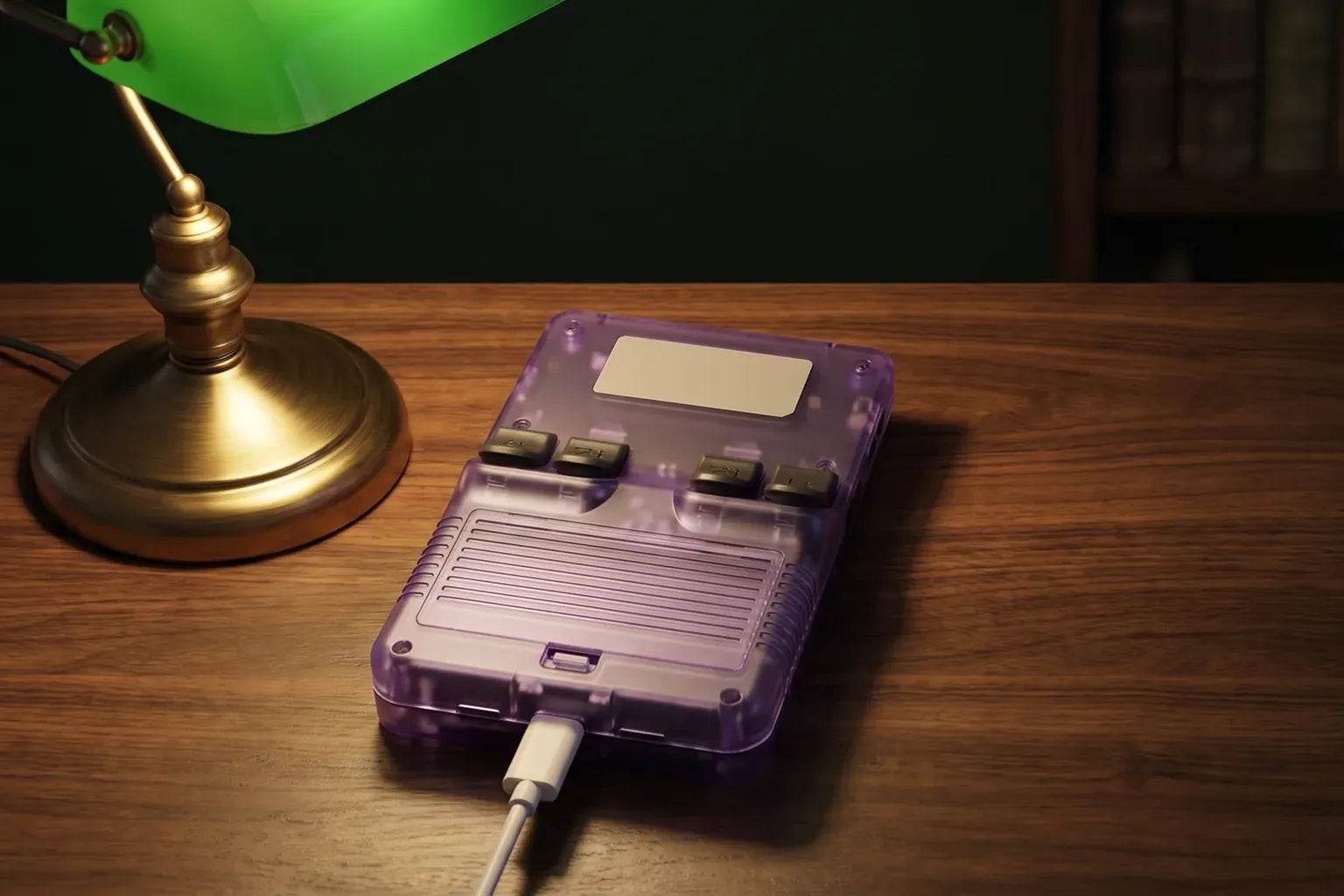 Purple R36S Plus charging via USB-C on a desk