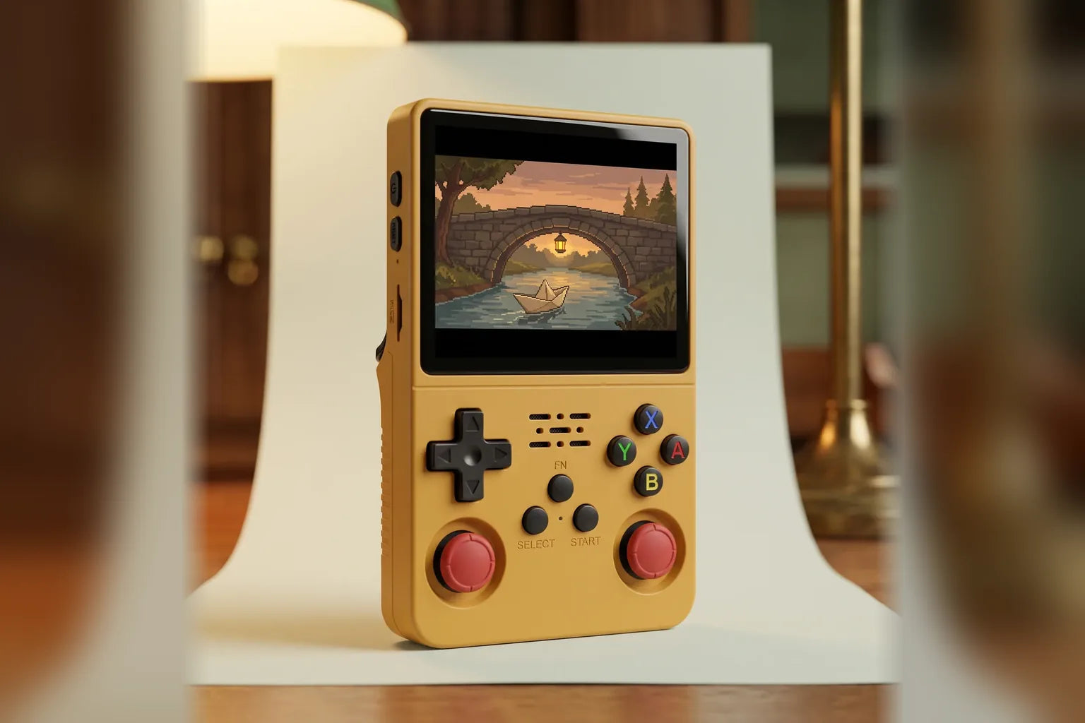 Yellow R36S Plus console seen from the front, screen switched on