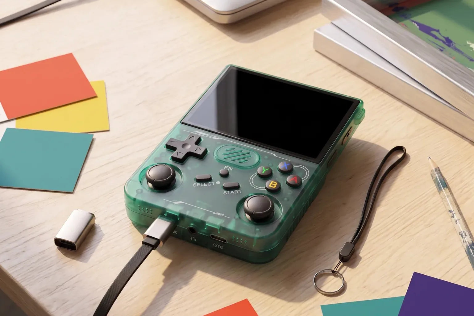 Green R36XX charging via USB-C on a desk