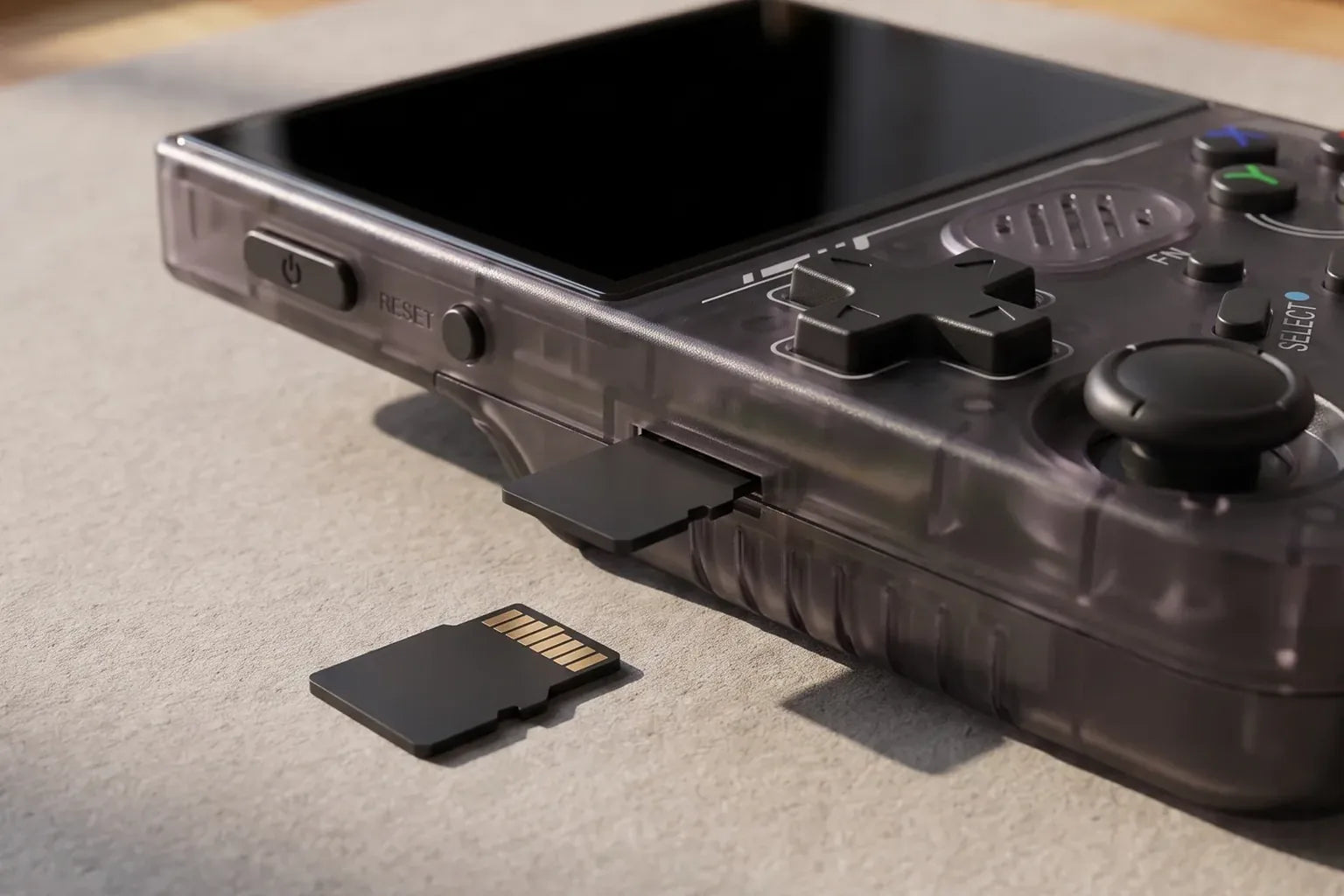microSD card next to the slot of a smoke black R36XX